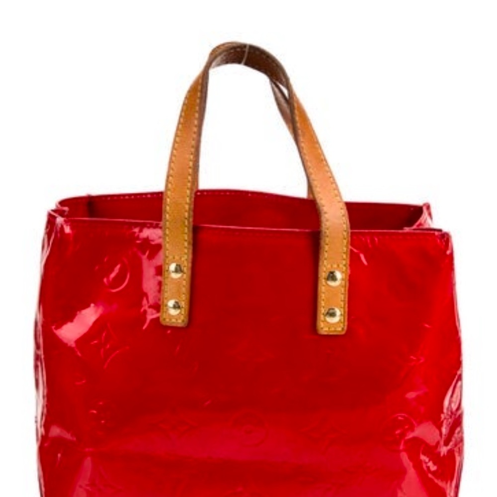 Red Patent Leather Tote Bag with Tan Straps